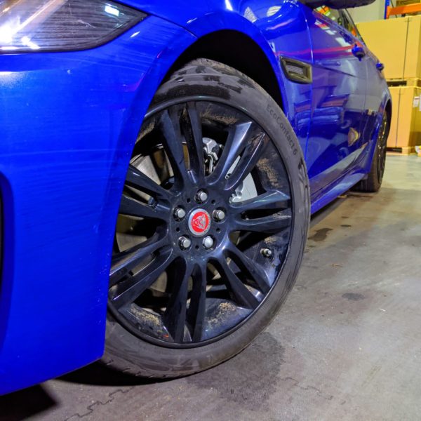 Black AlloyGator Wheel and Tyre Protection on Blue Jaguar