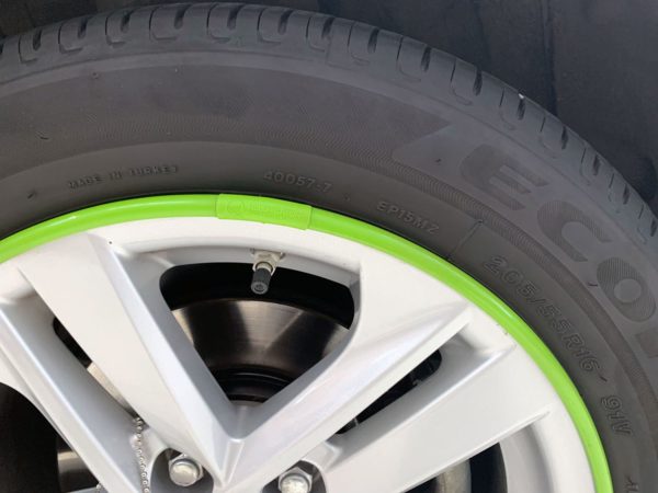 Green AlloyGator Wheel and Tyre Protection on Silver Alloy Wheel