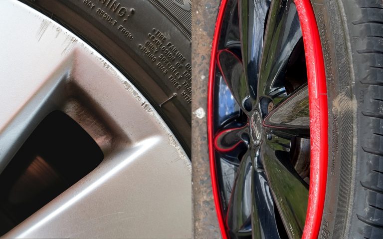 Before and after image showing a damaged car alloy rim vs. a rim protected by AlloyGator.